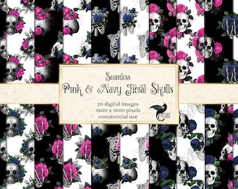 Floral Skull Digital Paper, Gothic Seamless Patterns (Digital Download)