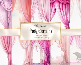 Watercolor Pink Curtains Journal Paper, printable digital paper, invitation backgrounds