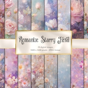 Romantic Starry Floral Digital Paper, celestial digital paper fantasy scrapbook pages printable paper instant download