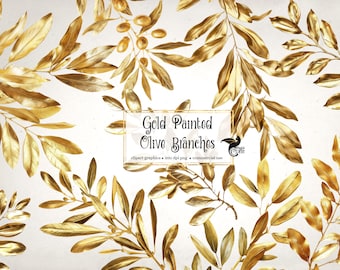 Gold Painted Olive Branches Clipart - leaves and wreaths in PNG format for commercial use