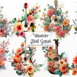 Aquarel Floral Guitars Clipart - floral muziekinstrument clip art PNG formaat instant download voor commercieel gebruik