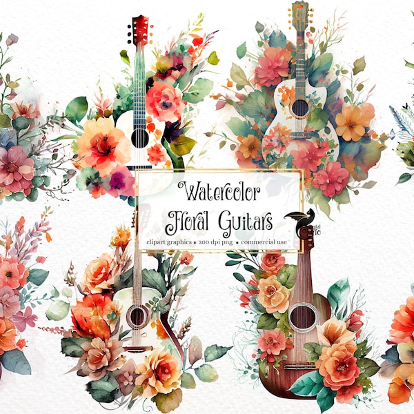 Watercolor Floral Guitars Clipart - floral musical instrument clip art PNG format instant download for commercial use