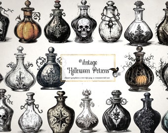 Vintage Halloween Potions Clipart, antique vintage Halloween clip art graphics, PNG instant download