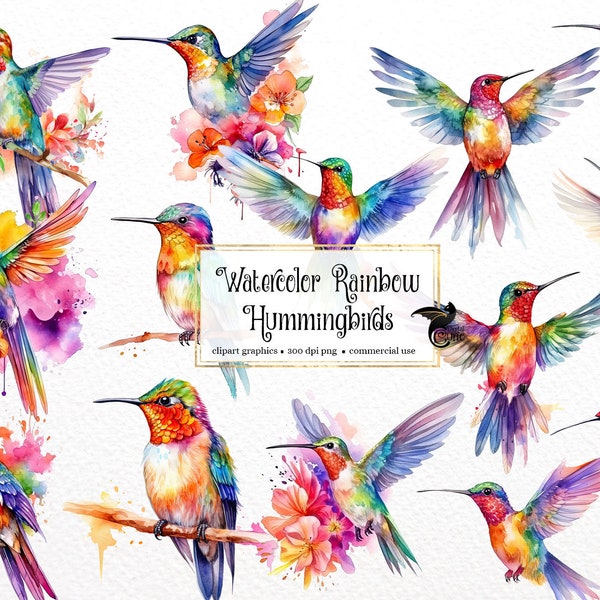 Watercolor Rainbow Hummingbirds Clipart, aquarelle fantasy clip art PNG graphics instant download for commercial use