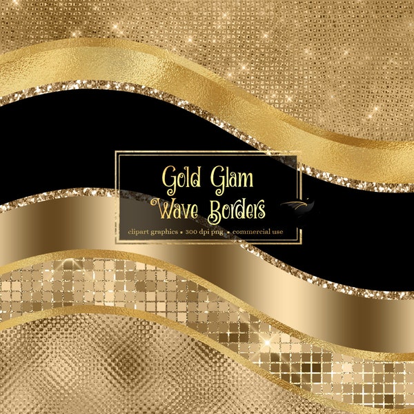 Gold Glam Wave Borders Clipart - seamless glitter and foil metallic luxury borders in png format for commercial use