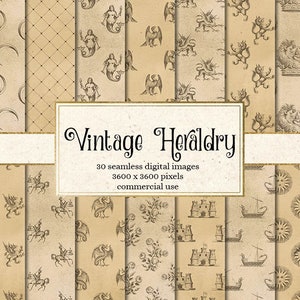Vintage Heraldry Digital Paper - Crowns, Dragons, Vintage Damask Heraldic Crest Backgrounds, Heraldry Patterns Textures Instant Download