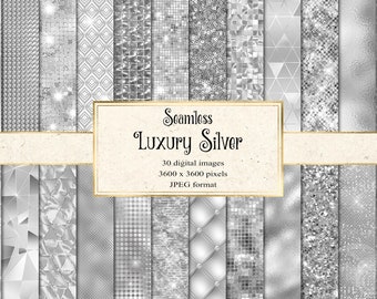 Luxury Silver Digital Paper, seamless silver textures, silver glitter, silver foil, sequin, diamonds digital instant download commercial use