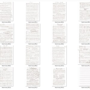 K&ouml;nnte beinhalten: Eine Sammlung von Notenbl&auml;ttern mit handschriftlichen Noten und Texten. Jedes Blatt ist mit "French music" und einer Nummer versehen. Die Seiten sind in einem Raster angeordnet und weisen handschriftliche Anmerkungen auf.