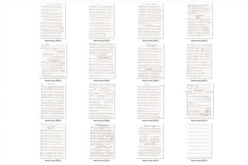 K&ouml;nnte beinhalten: Eine Sammlung von Notenbl&auml;ttern mit handschriftlichen Noten und Texten. Jedes Blatt ist mit "French music" und einer Nummer versehen. Die Seiten sind in einem Raster angeordnet und weisen handschriftliche Anmerkungen auf.