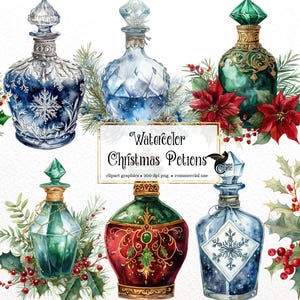 Może przedstawiać: Akwarelowa ilustracja butelek z miksturami bożonarodzeniowymi w różnych kolorach, w tym czerwonym, zielonym i niebieskim. Każda butelka ma unikalny design i jest ozdobiona elementami dekoracyjnymi. Obraz zawiera tekst "Watercolor Christmas Potions."