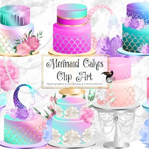 Mermaid Cakes Clipart, fantasy rainbow pastel and gold foil floral cakes instant download for commercial use