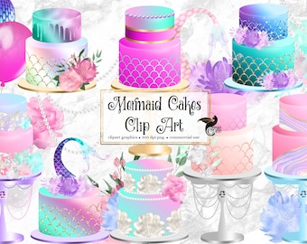 Mermaid Cakes Clipart, fantasy rainbow pastel and gold foil floral cakes instant download for commercial use