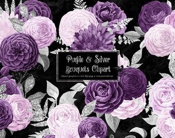 Purple and Silver Floral Bouquets Clipart, digital instant download lavender and silver glitter wedding flower png commercial use