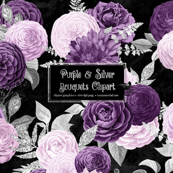Purple and Silver Floral Bouquets Clipart, digital instant download lavender and silver glitter wedding flower png commercial use