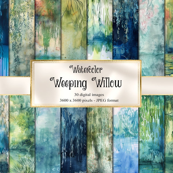 Watercolor Weeping Willow Backgrounds, watercolour wash digital paper, rustic lily pond printable scrapbook paper
