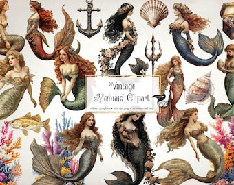 Vintage Mermaid Clipart - Nautical Fantasy Digital Graphics (Instant Download)