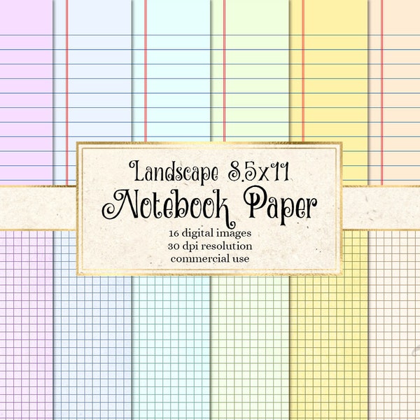 Notebook Paper in Digital format for printing at home - landscape back to school writing paper and graph paper printable instant download