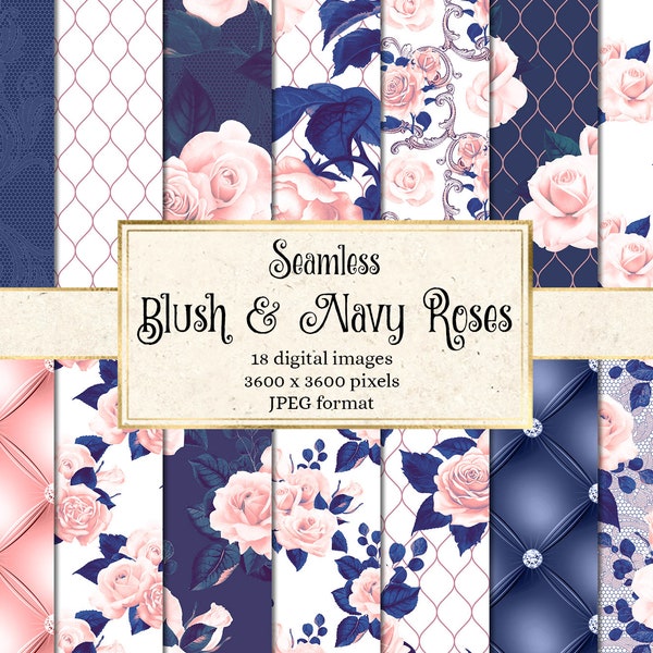 Blush and Navy Roses Digital Paper - seamless wedding backgrounds instant download for commercial use