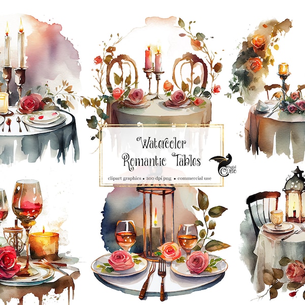 Watercolor Romantic Tables Clipart - Valentine fantasy PNG format instant download for commercial use