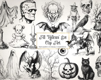 All Hallows Eve Clipart, antique vintage Halloween clip art graphics, skulls, bats, owls, spiders, witches, ephemera instant download