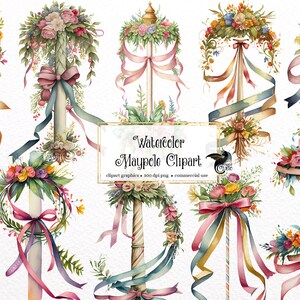 Aquarelle Maypole Clipart - printemps floral midsummer chrétien et païen clip art format PNG téléchargement instantané pour un usage commercial