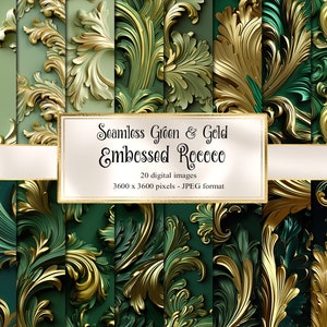 Carta digitale rococò in rilievo verde e oro, sfondi in difficoltà lamina d'oro senza soluzione di continuità texture di carta scrapbook stampabile