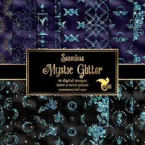May include: A set of 18 digital seamless patterns featuring a mystic glitter theme. The patterns include celestial symbols, crystals, and geometric designs in shades of blue and gold on a black background. The text "Seamless Mystic Glitter" is displayed in a gold frame.