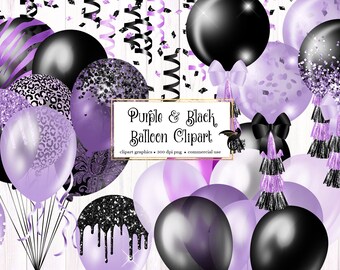 Purple and Black Balloons Clipart – Party Graphics (Digital Download)