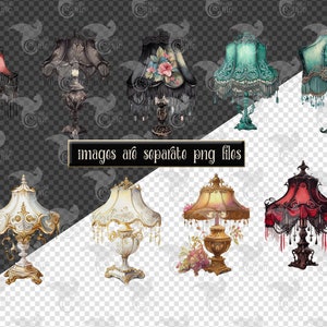 May include: A collection of eight vintage-style table lamps with ornate details. The lamps feature a variety of colors and patterns, including red, black, gold, white, and teal. The lamps have fringed lampshades and decorative bases.