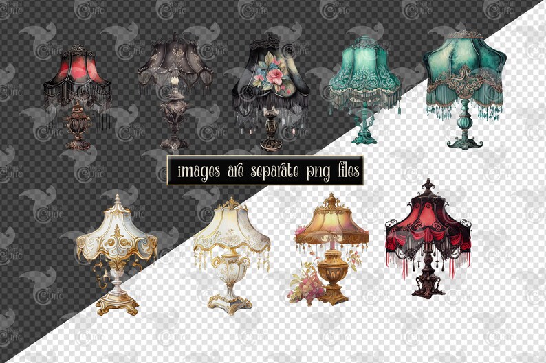 May include: A collection of eight vintage-style table lamps with ornate details. The lamps feature a variety of colors and patterns, including red, black, gold, white, and teal. The lamps have fringed lampshades and decorative bases.
