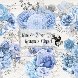 ClipArt floreale blu e argento, download istantaneo digitale dipinto ad acquerello fiore png abbellimenti, rosa blu, rose glitter argento
