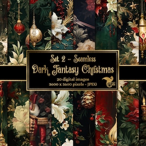 Dark Fantasy Christmas Digital Paper, seamless backgrounds pattern gothic rococo floral dark oil paint textures - Set 2
