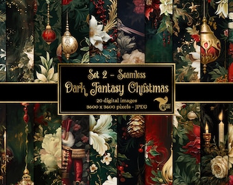 Cyfrowy papier w stylu Dark Fantasy Christmas, wzory gotyckie rokoko (bezszwowe) (pobieranie cyfrowe)