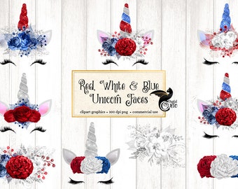 Red, White and Blue Unicorn Faces Clipart, patriotic unicorn clip art, Fourth of July unicorn graphics, 4th of July instant download