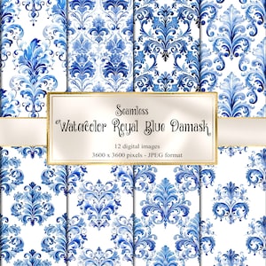 Papier numérique damassé bleu Royal aquarelle, motifs damassés sans soudure imprimables scrapbook papier utilisation commerciale