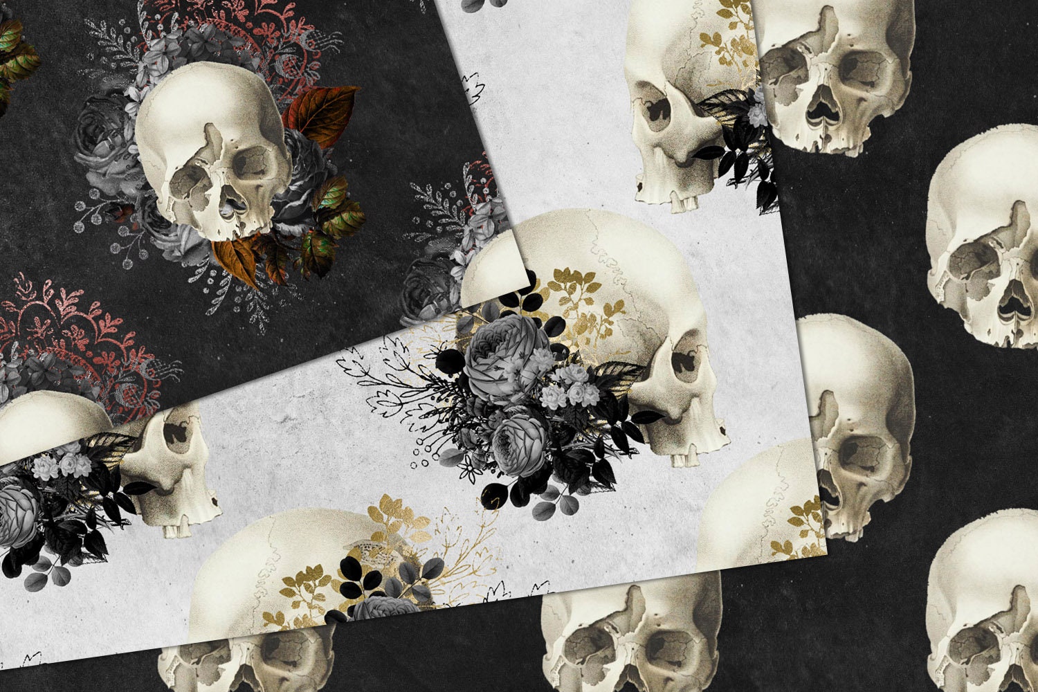 Seamless Red Gothic Digital Paper, Skull Damask Halloween