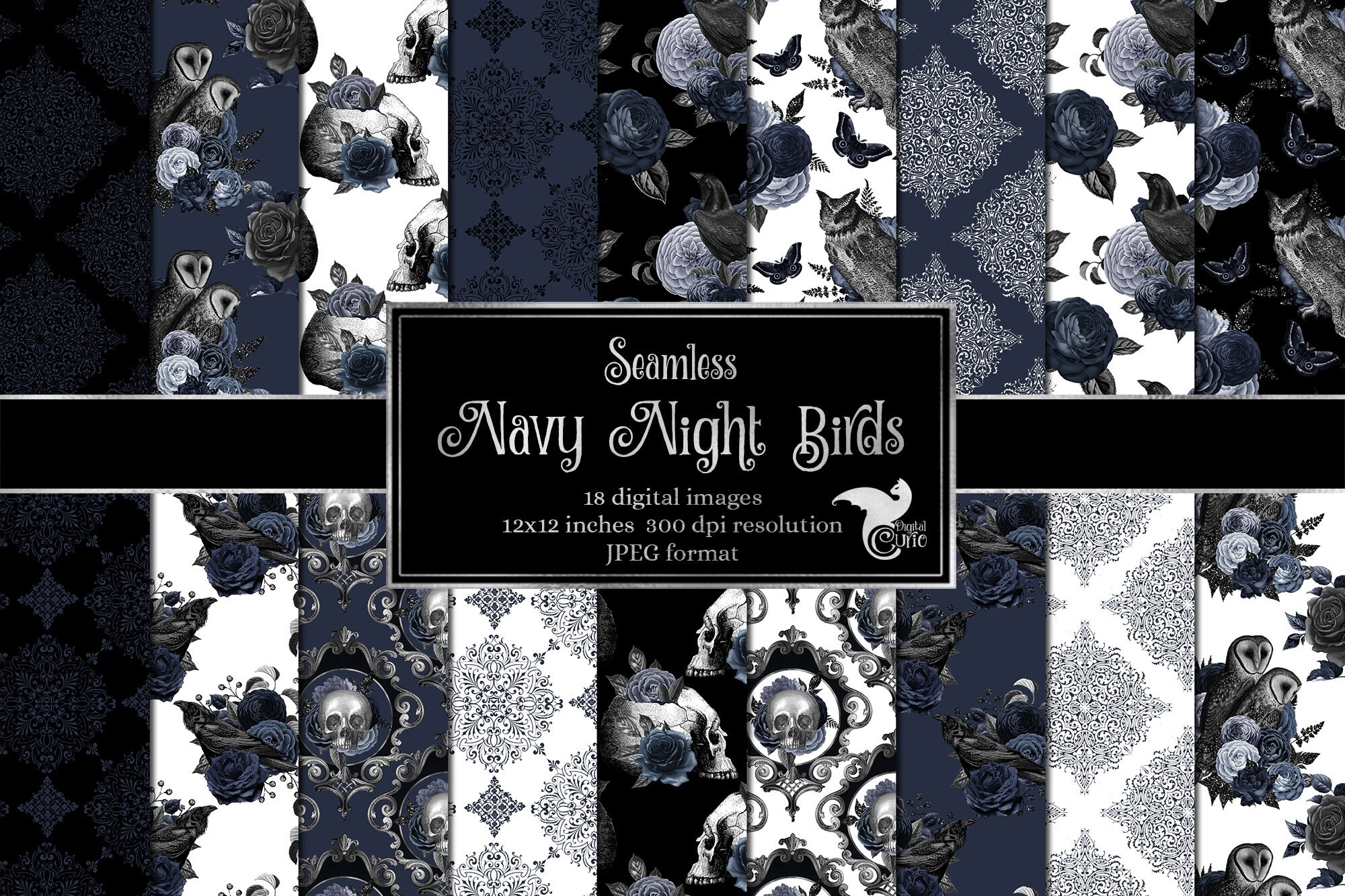 Set of scrapbooking papers - SLS-039 'Gothic Stories' blue castle,  graveyard, ravens, crows, portrait gallery, skulls, old London, cities at  night