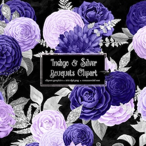 Indigo und Silber Blumensträuße Clipart, digitaler sofortiger Download violett und silber Glitzer Hochzeit Blume png kommerzielle Nutzung