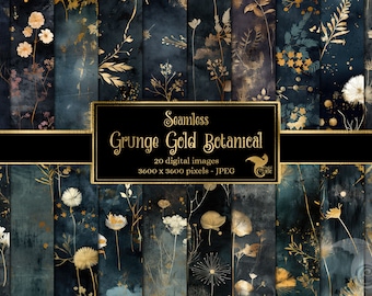 Grunge Gold Botanical Digital Paper, Seamless Floral Backgrounds (Digital Download)