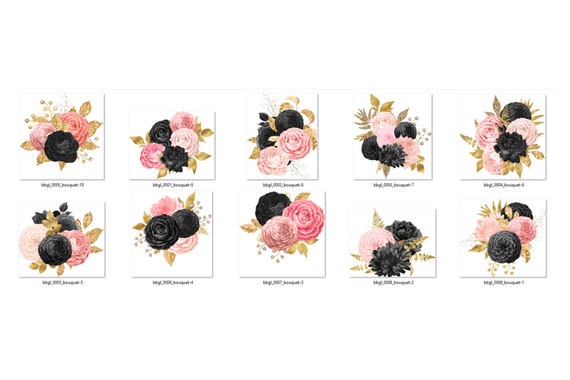 Scrapbooking Blush Black and Gold Bouquets Clipart digital floral ...