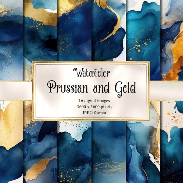 Prussian Blue and Gold Watercolor Digital Paper - instant download watercolor textures with gold shimmer for commercial use