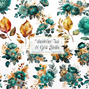 Clipart floral azul-petróleo e dourado em aquarela - flores e folhas em formato PNG, download instantâneo para uso comercial