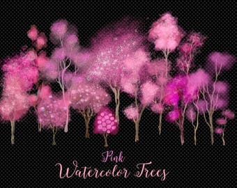 May include: Pink watercolor trees with a white background. The trees are in a row and have a soft, dreamy look. The text "Pink Watercolor Trees" is at the bottom of the image.
