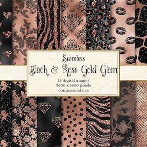 Schwarz und Rosegold Glam Digitales Papier, nahtloses rosegold und schwarzes Glitzermuster rosegold Glitzerfolie für Scrapbooking kachelbar