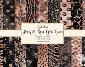 Rose Gold Glitter Digital Paper, Black Glam Patterns (Digital Download)