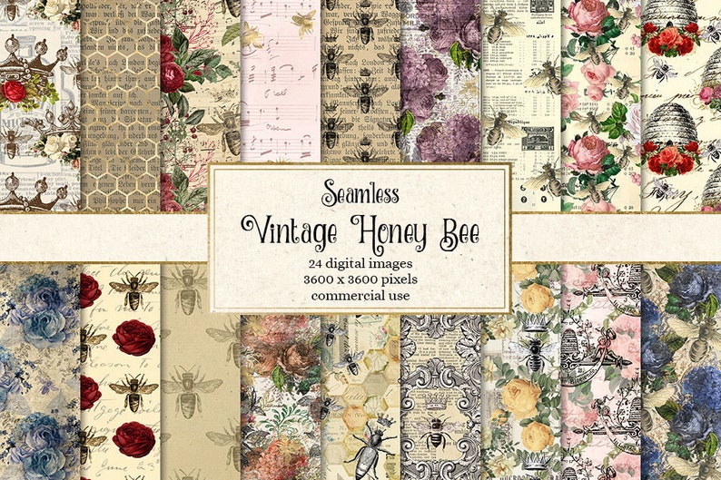 Download Vintage Honey Bee Digital Paper seamless bee patterns ...