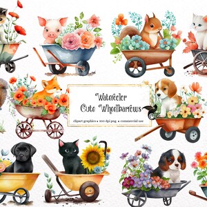 Clipart de carrinhos de mão fofos em aquarela - jardim de flores fofo de primavera e outono em formato PNG download instantâneo para uso comercial