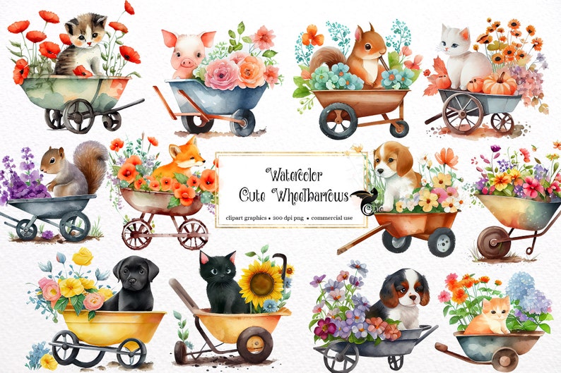May include: Watercolor illustrations of cute animals sitting in wheelbarrows filled with colorful flowers. The animals include a cat, a pig, a squirrel, a fox, a dog, and a kitten. The text "Watercolor Cute Wheelbarrows" is written in a gold frame.