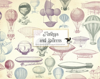 Vintage Airships & Balloons Clip Art – Steampunk PNG Overlays (Digital Download)