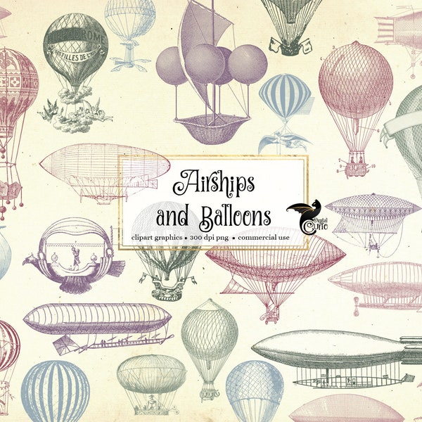 Airships and Balloons Clip Art - vintage antique steampunk overlays in png format instant download for commercial use